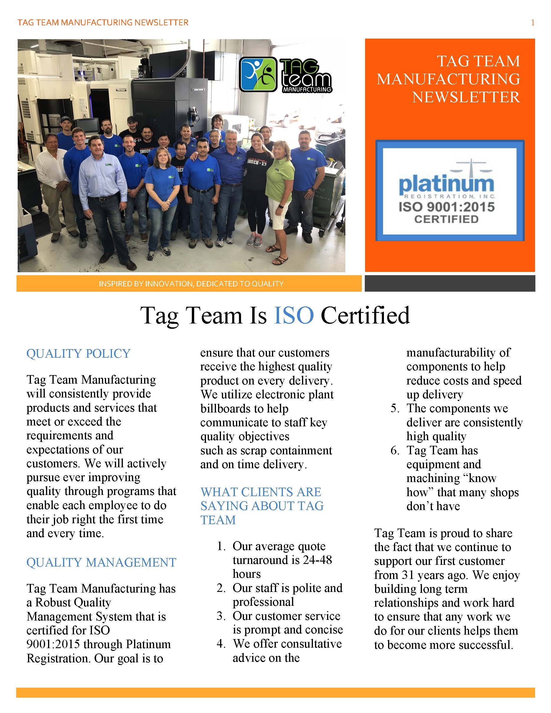 Tag Team Manufacturing Newsletter